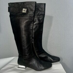 Michael Kors Black Leather Knee-High Boots Metallic silver block heel adj.calf♥️